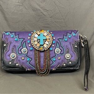 Leather Beaded Turquoise Cross Wristlet